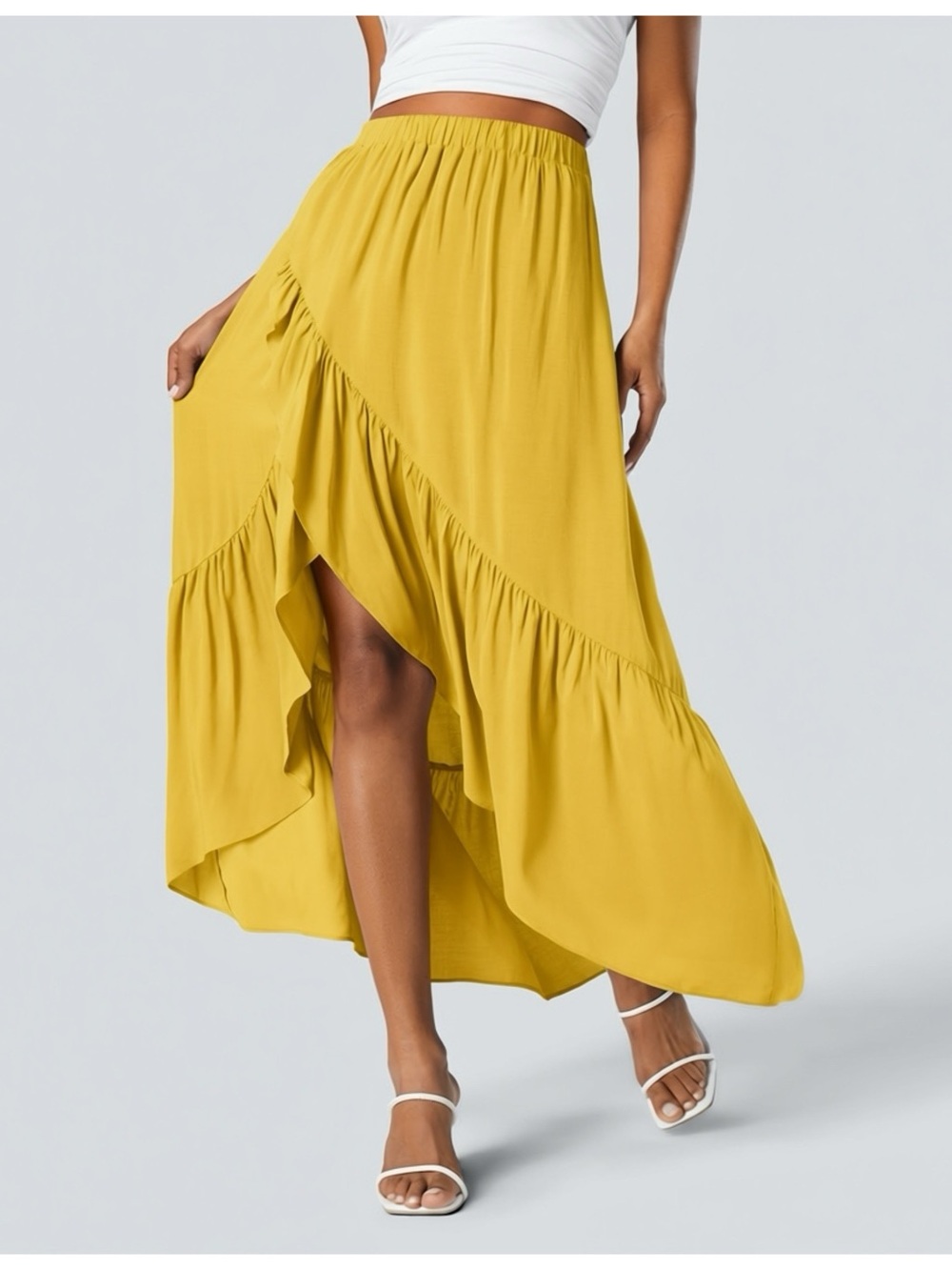 Halara High Waisted High Low Ruffle Hem Flowy Maxi Skirt Color No Longer Sold